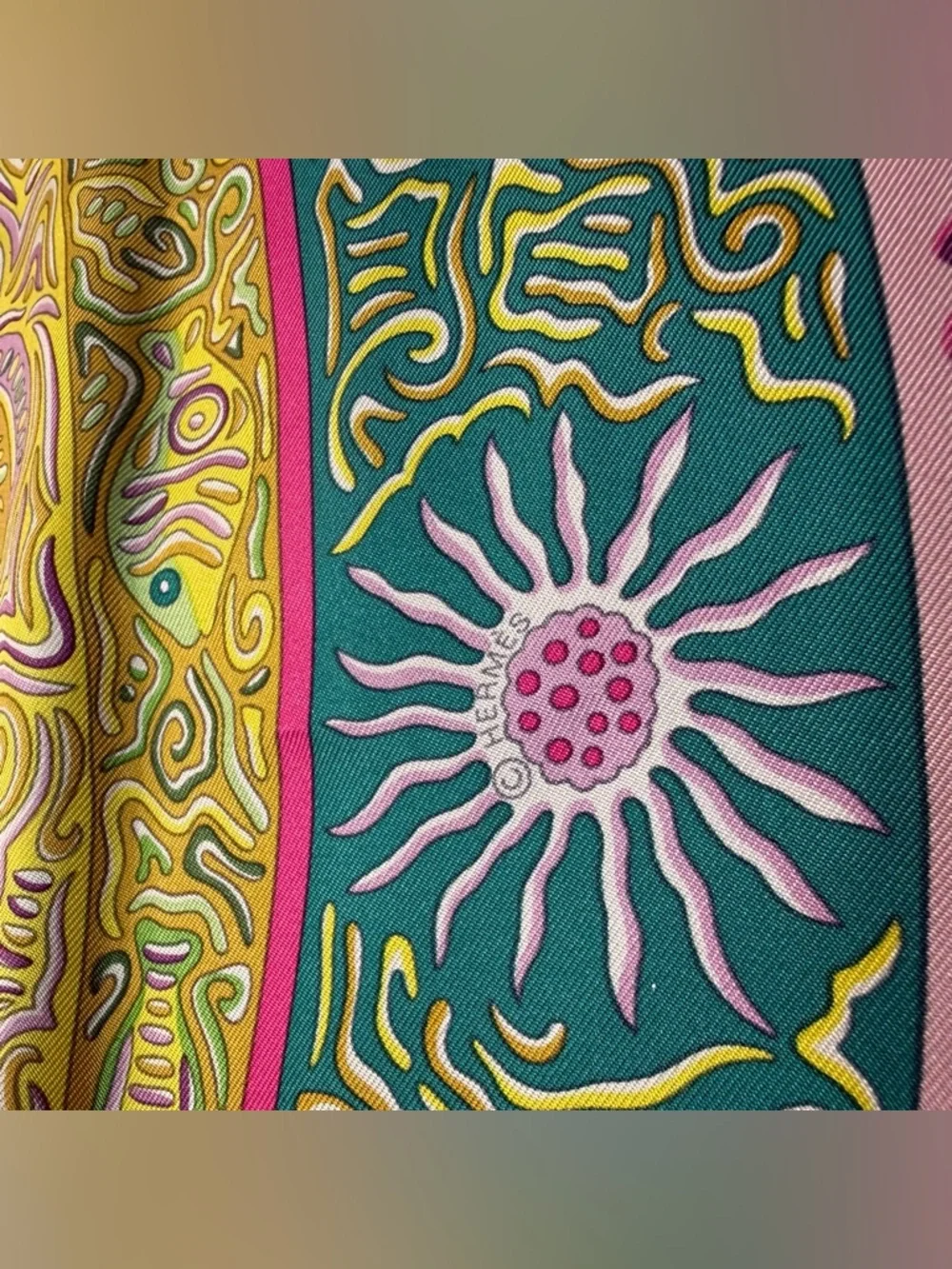 Hermes Silk Scarf Pink Yellow Green Fish La Legende Du Poisson Corail Coral - Picture 9 of 12
